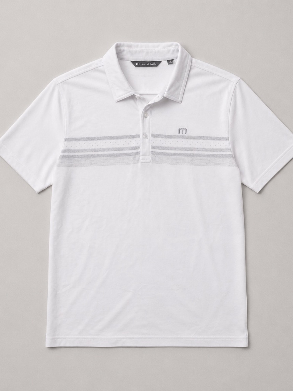 Travis Mathew White Polo with Light Gray Stripes